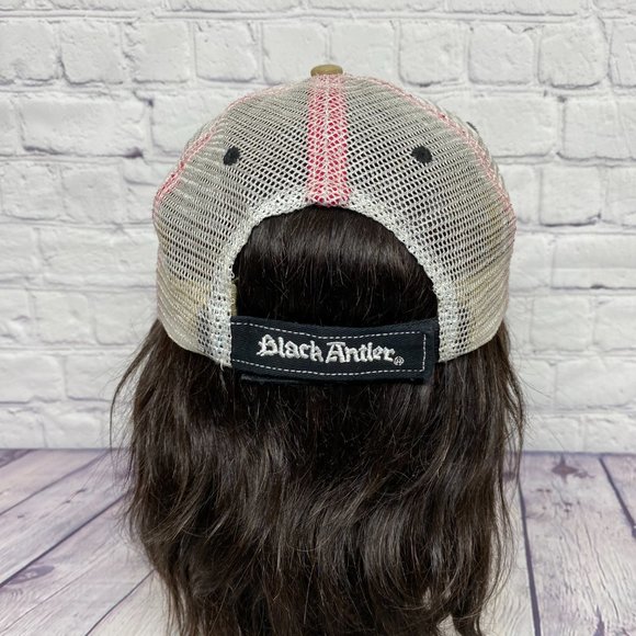 Black Antler Distressed Hat Cap Strap Back Brown Black White Mesh Embroidered - Picture 3 of 11
